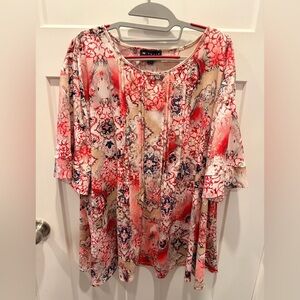 N Touch 3X Floral Tunic Top Red Pink Cream Stretch Plus Size Boho